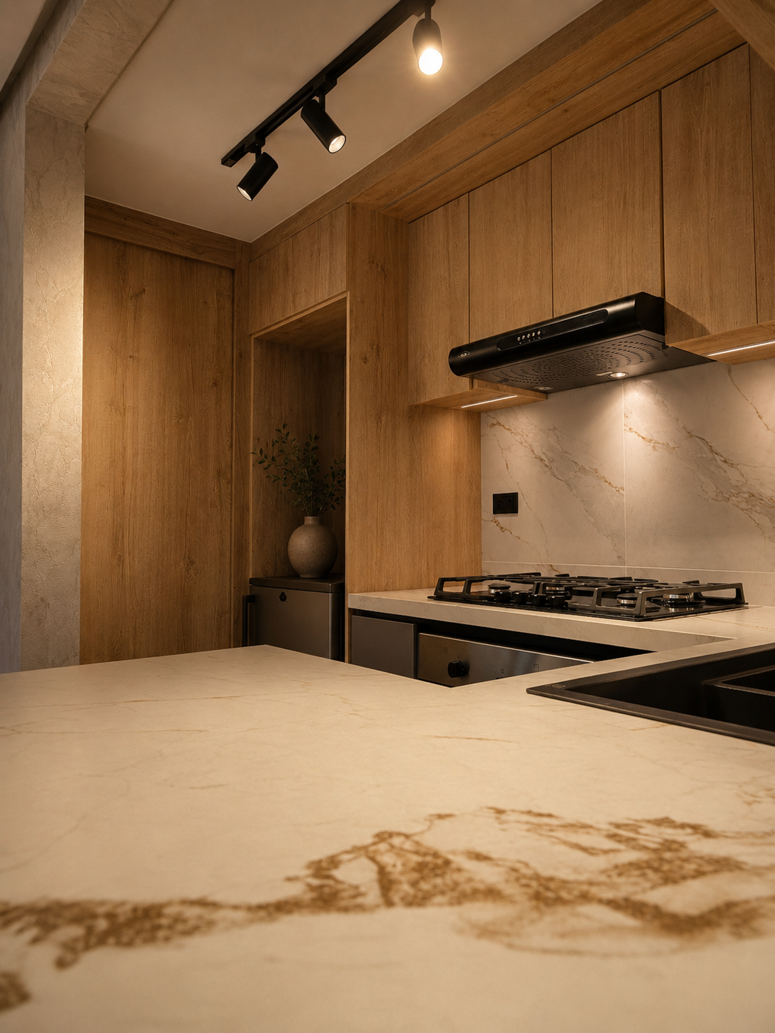 Cocina integral premium — Cocina con carpintería a medida, piedra sinterizada y…