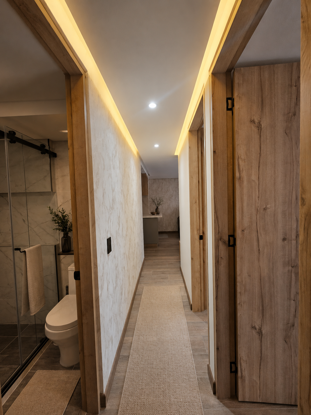 Pasillo y circulación — Circulación interior con continuidad visual y acabados cálidos